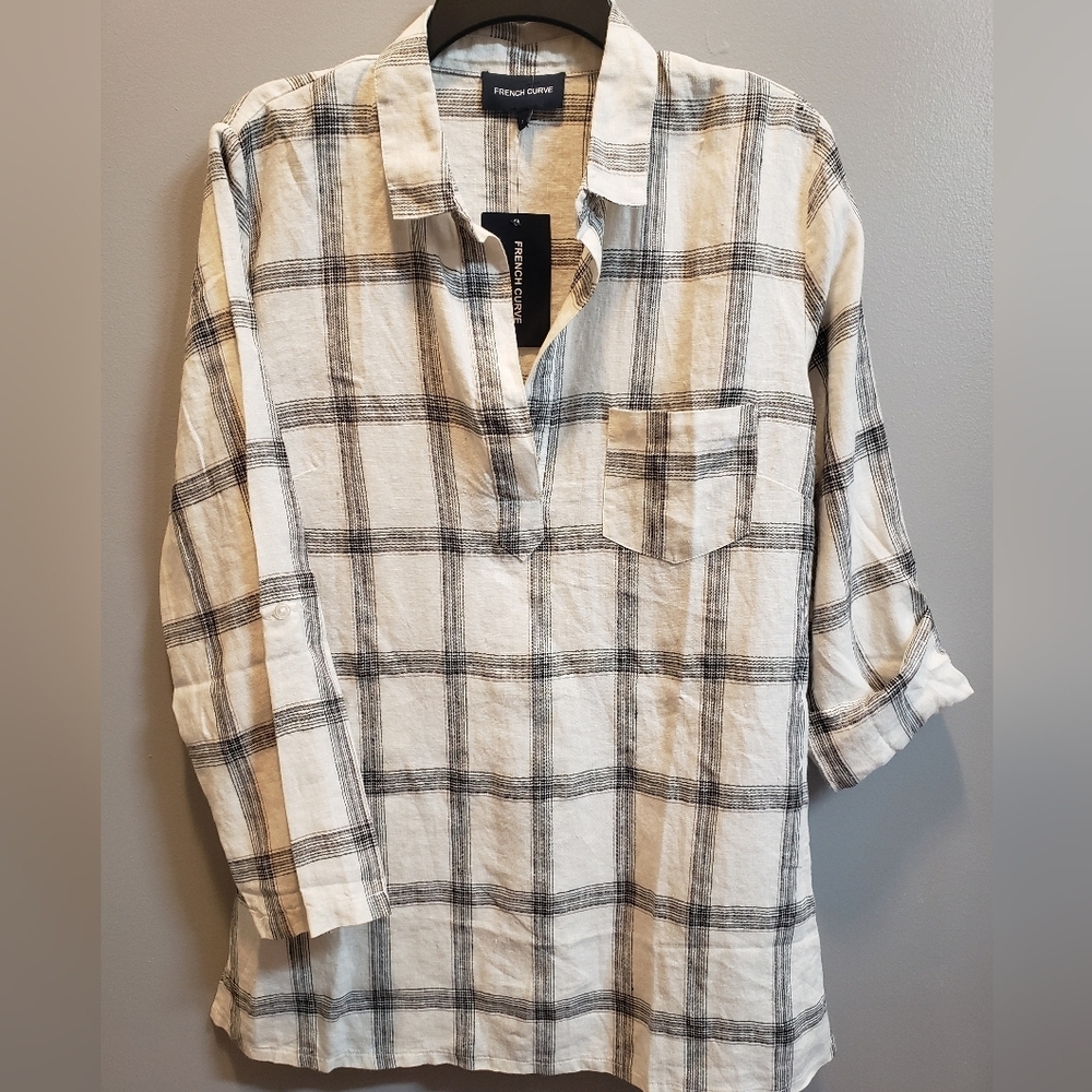 French Curve 100% Linen Roll-Tab Pullover Tunic, Small